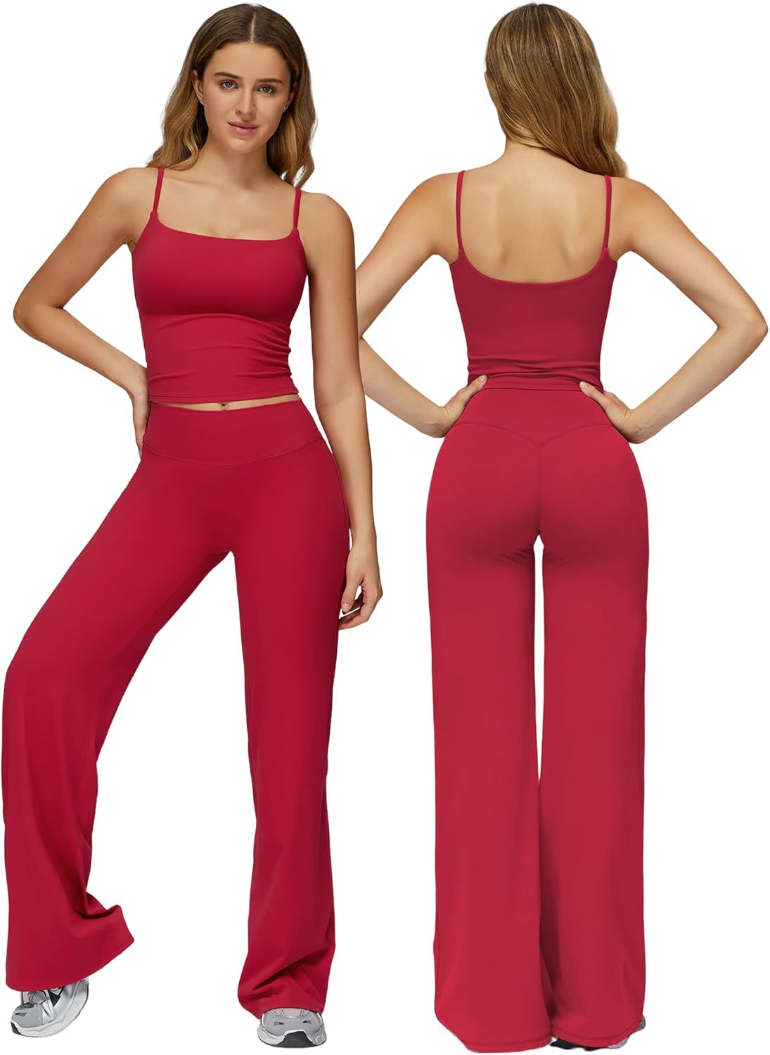 Workout Sets for Women 2 Piece Square Neck Tank Top and Butt-lifting Flare Leggings with Pockets Active Outfits