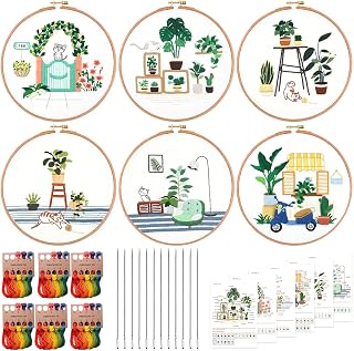 6 Sets Embroidery Starters Kits, Cross Stitch Kits with Patterns and Instructions, Embroidery Stitch Practice Kits for Beginners and Adults, 2 Embroidery Hoops