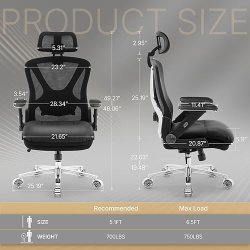 Miniatura 3 de Silla de oficina grande y alta de 750 libras, silla de oficina resistente con brazos abatibles 5D y soporte lumbar ajustable, silla de escritorio