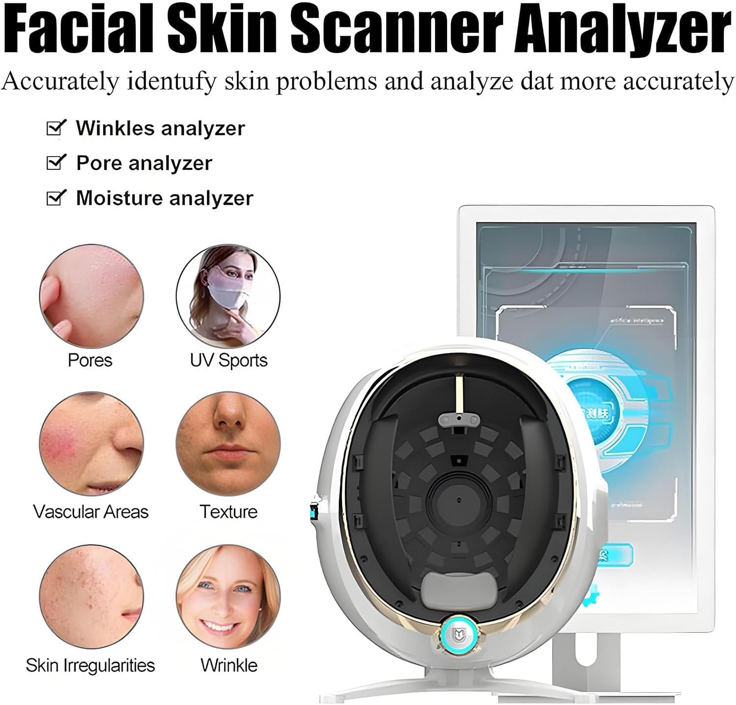 13.3/21.5in Macchina Analizzatrice Professionale della Pelle, Scanner Facciale 3D Macchine per Test della Pelle con 8 modalità di Analisi Spettrale, 14 Rilevamento di Elementi,13.3in
