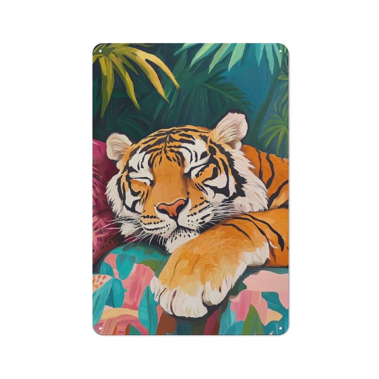 Retro Metal Plaque 30x20cm Featuring Sleeping Tiger in Jungle for Home Bar Wall, for Room Styling Across Home Bars And Entertaining Spaces