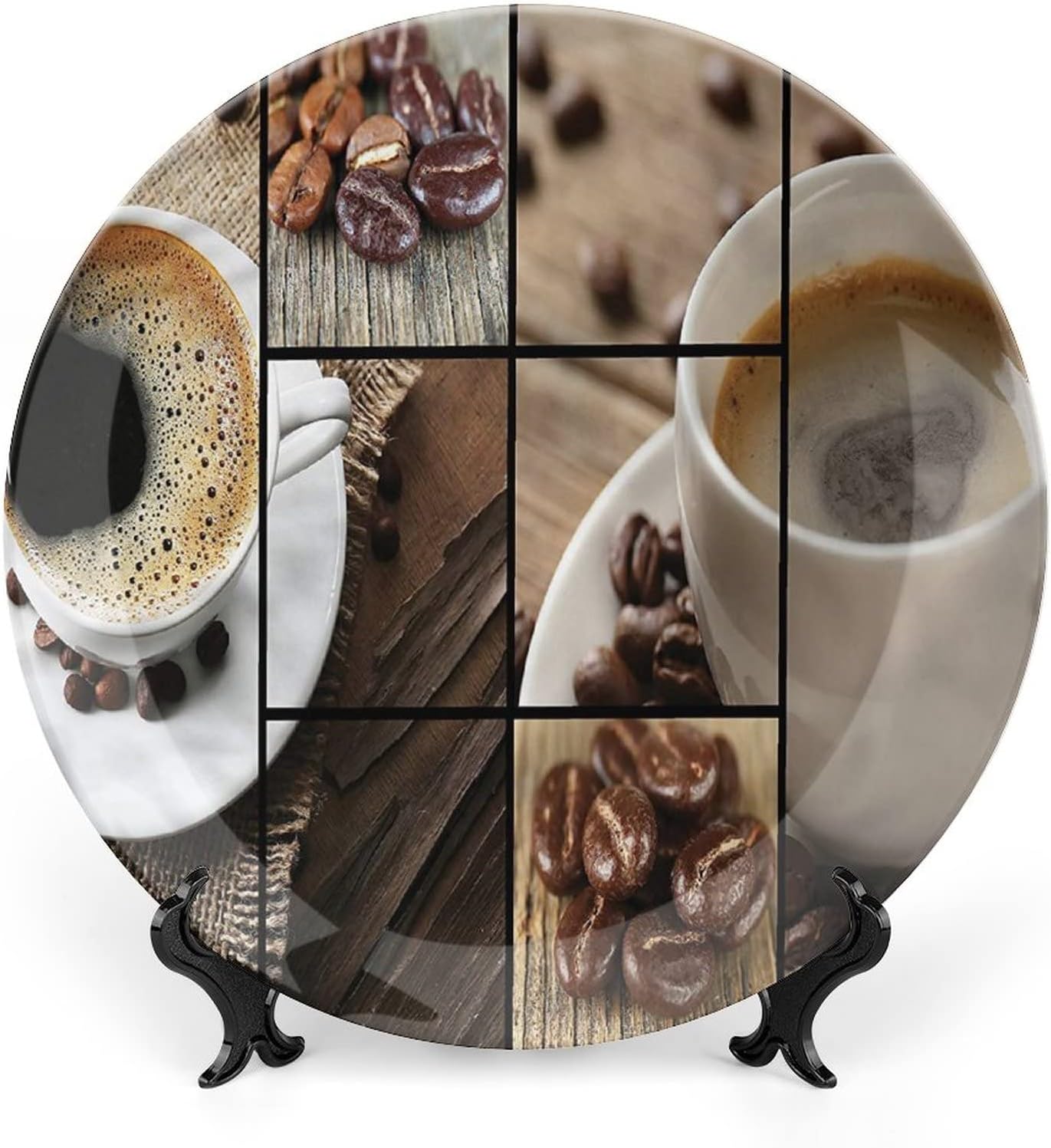 XISUNYA 8 Inch Decorative Plate, Brown Porcelain Plate, Coffee Mugs Wood Table Print Ceramic Display Plate for Decorative Ornaments Giving Plates, 1 Plate with 1 Display Stand