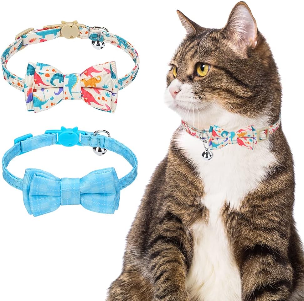 EXPAWLORER Breakaway Cat Collar with Bow tie and Bell, 2 Pack Cute Kitten Safety Collars with Plaid Dinosaur Universe Pattern