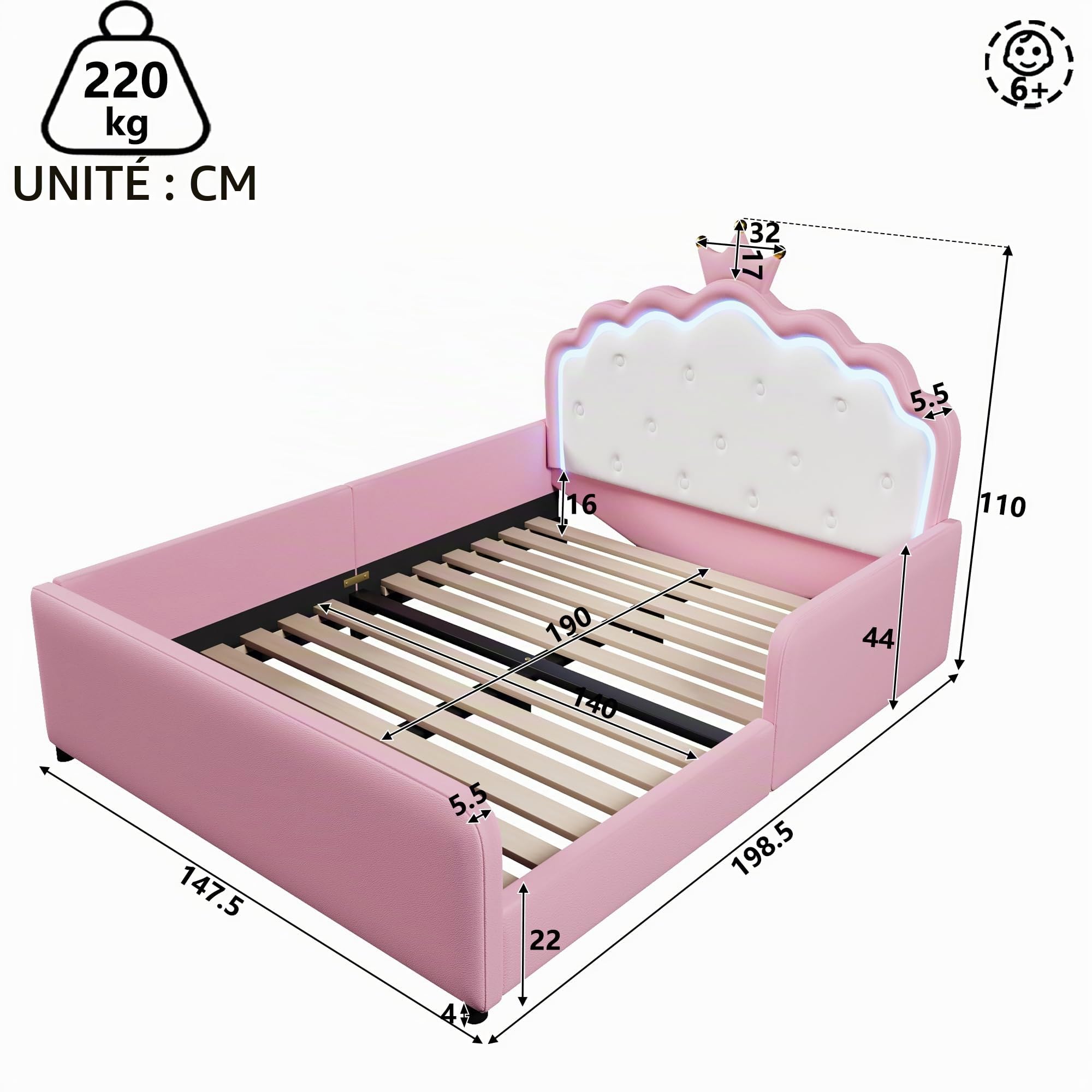 Cadre de Lit Princesse 140x190 cm, Cadre Rembourré PU Rose avec Tête de Lit Couronne LED Intégrée et Barrières de Sécurité pour Chambre de Fille, sans Matelas