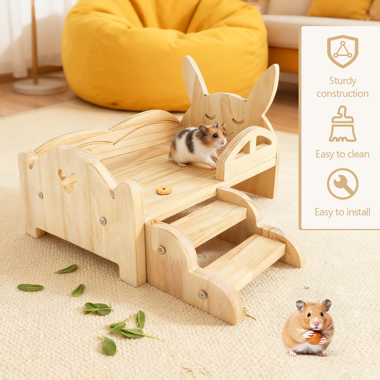 Letto per Porcellini D'India, 34 x 22 x 7 cm Letto in Legno per Piccoli Animali con Materasso Rimovibile e Scale Larghe 15,5 cm per Porcellini D'India Criceti Coniglio Furetti Ricci