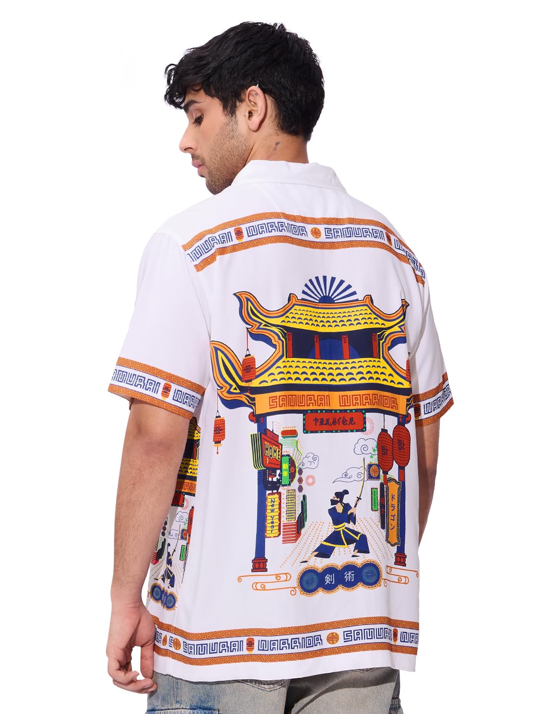 Samurai Men and Boys Short Sleeves Collared Neck Button Front White Graphic Printed Rayon Holiday Shirts-image-4