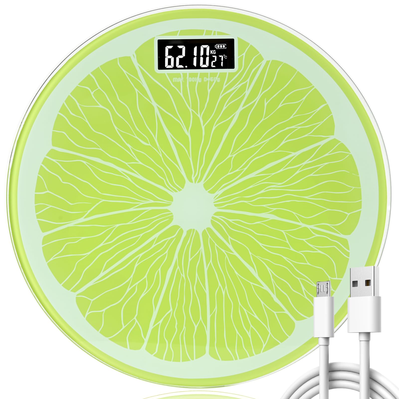 Bathroom Scale for Body Weight,Rechargeable,Up to 400 lb Capacity, No Batteries Required, Unique Lime Slice Design, Large LED Display with Temperature