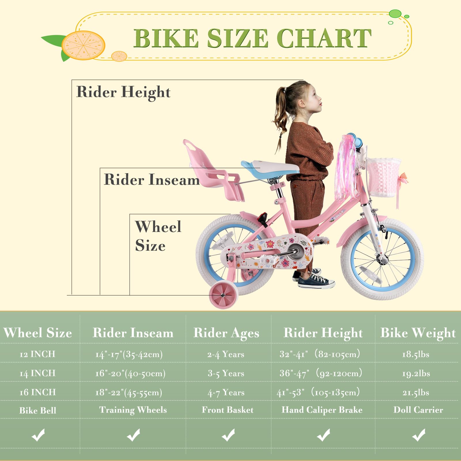 RULLY Daisy Kinderfahrrad für Mädchen von 2-7 Jahren, 12 14 16 Zoll Prinzessinnenfahrrad mit Puppensitz, Stützrädern, Korb und Streamern, Kinderfahrräder