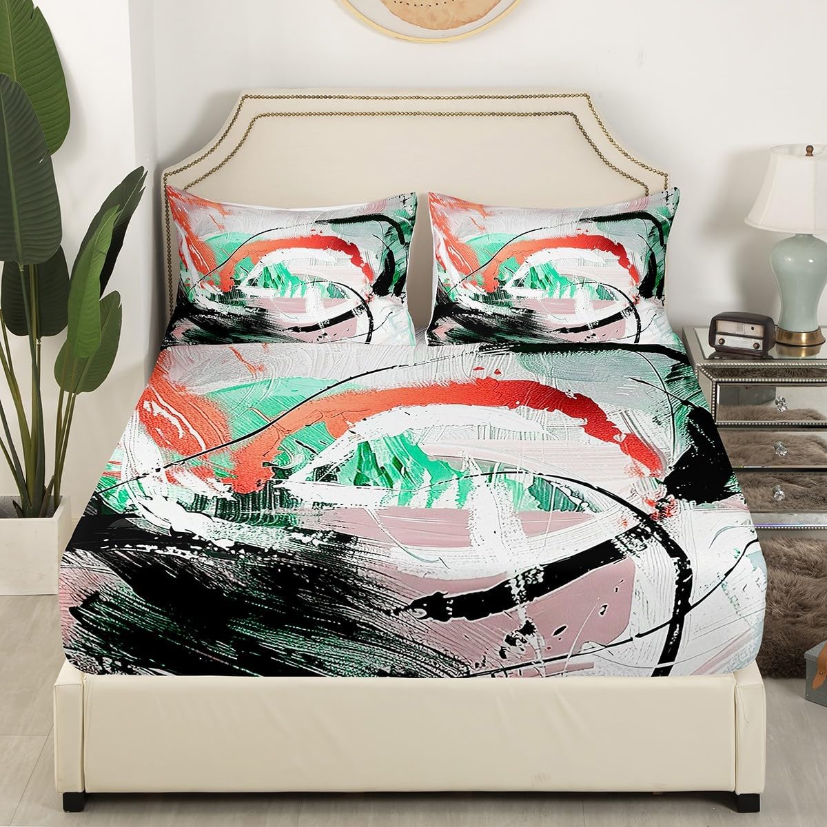 Red Fitted Sheet Gradient Black White Pink Green Abstract Ombre Bed Sheets Full,Watercolor Brush Strokes Oil Painting Sheets Modern Graffiti Art Room Decor