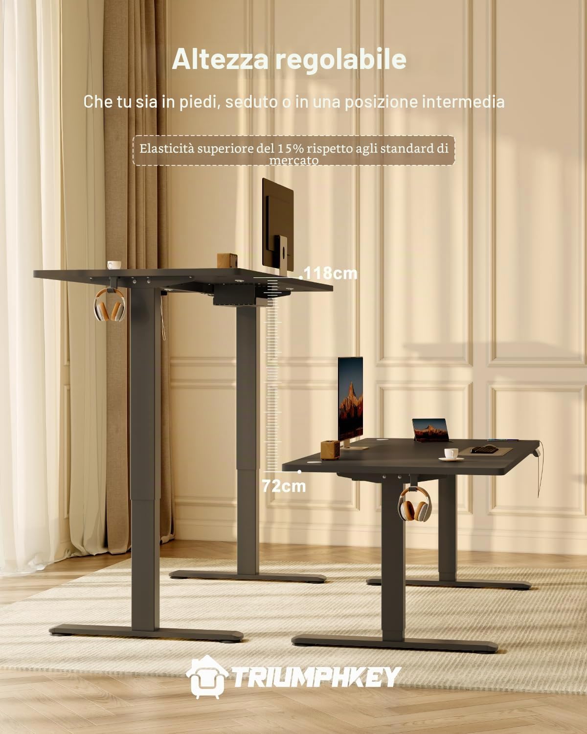 TRIUMPHKEY Scrivania Elettrica Regolabile in Altezza, 160 x 80 cm, 3 Funzioni Memoria, Porta USB, Con 2 ganci, Tavola Splice Standing desk, In Piedi Adatta Per Casa E Ufficio, Nero+Nero