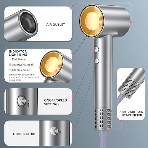 Miniatura 5 de Secador de pelo, motor sin escobillas de 150,000 RPM, secado ultrarrápido con 3 ajustes de calor y luces LED, tecnología de iones negativos,