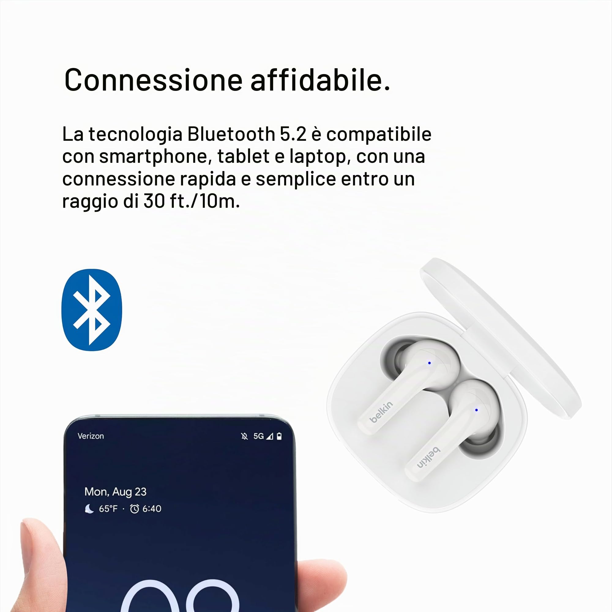 Belkin SoundForm™ Motion Auricolari true wireless con cancellazione del rumore, custodia di ricarica wireless, 2 microfoni per auricolare; cuffie Bluetooth di grado IPX5 per iPhone e Samsung - Bianco