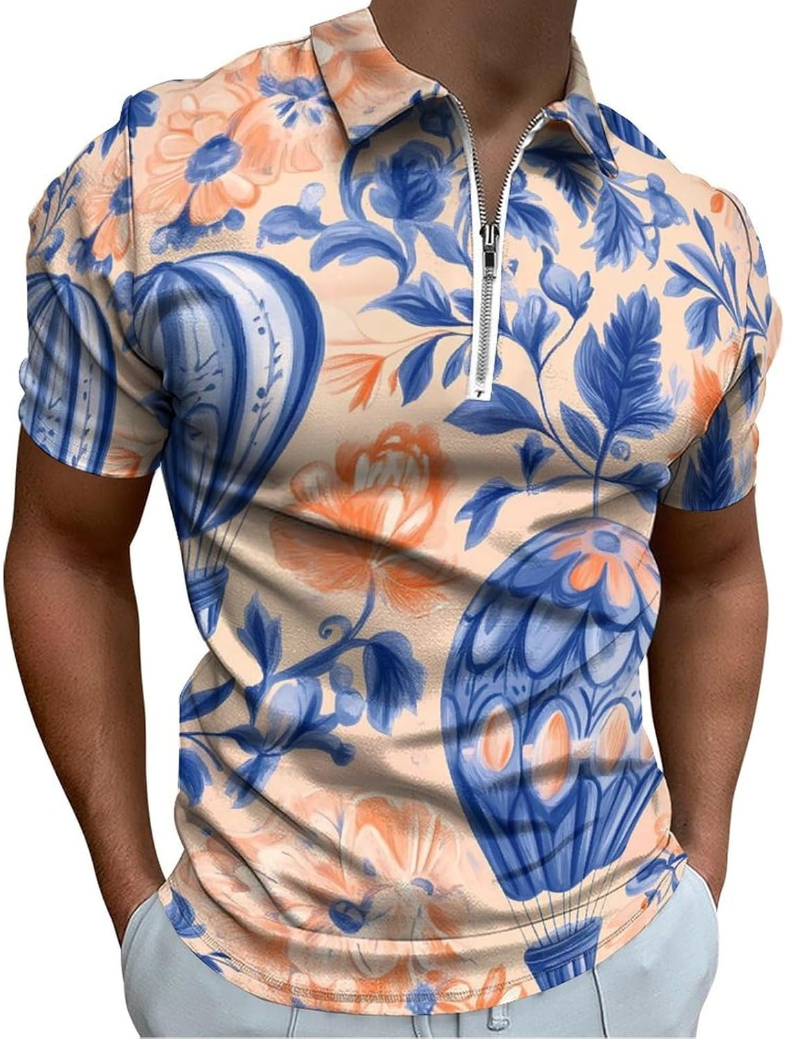 Hot Air Balloon And Floral Polo Shirts for Men Dress Shirts Short Sleeve Golf Shirt Casual T-Shirts Top