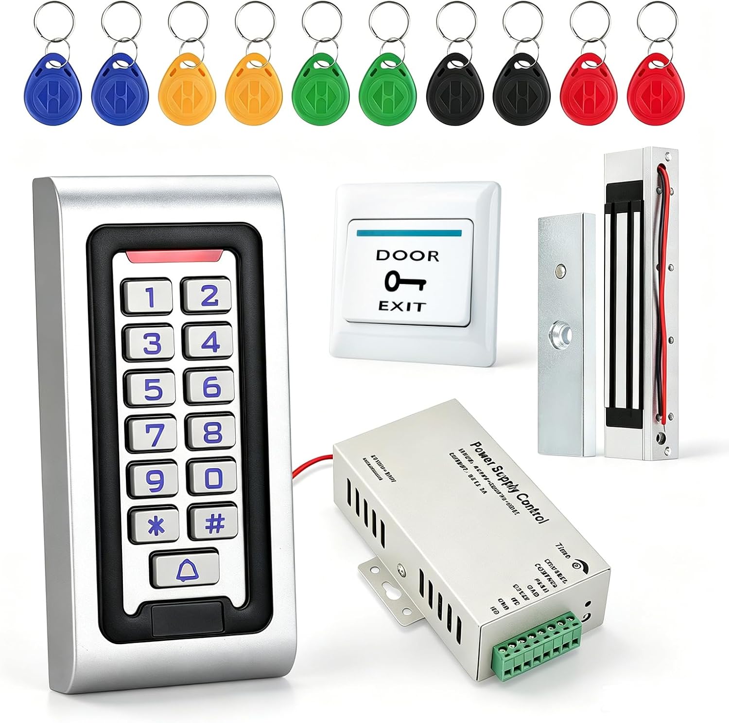 All-in-One Access Control System Kit-IP68 Waterproof Metal Keypad, 350lb Magnetic Lock Fail-Safe, 12V 3A Power Supply,Exit Button & 10 RFID Key Fobs for Office,Warehouse, Garage Door Security