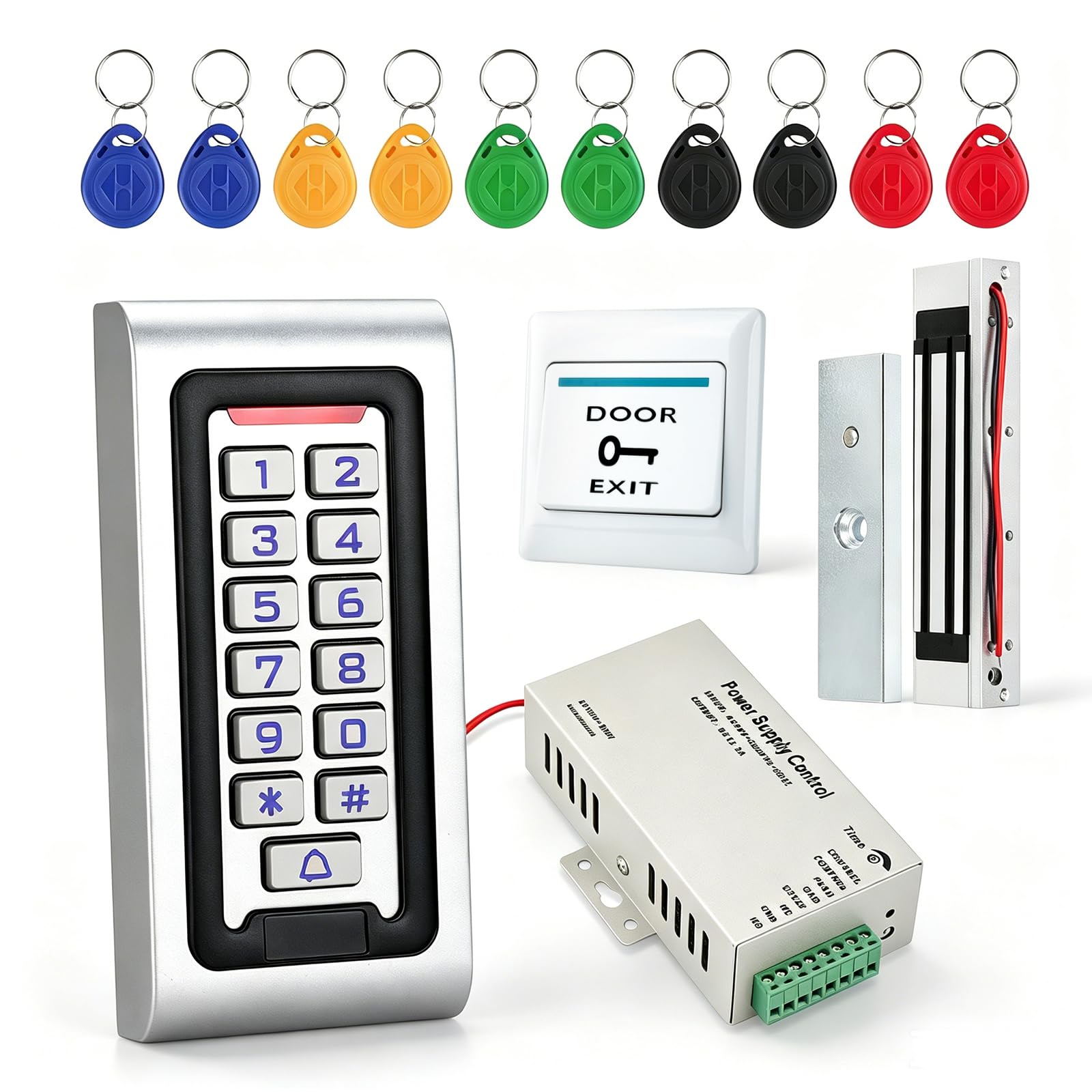 Kit de système de contrôle d'accès tout-en-un, clavier en métal étanche IP68, serrure magnétique de 158,8 kg, alimentation 12 V 3 A, bouton de sortie et 10 porte-clés RFID pour bureau