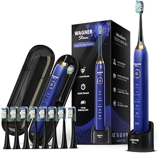 The Sapphire Blue Edition ultrasonic whitening Electric Toothbrush Features Five Brushing Modes, Eight Soft Brush Heads, and a Premium Travel case.
