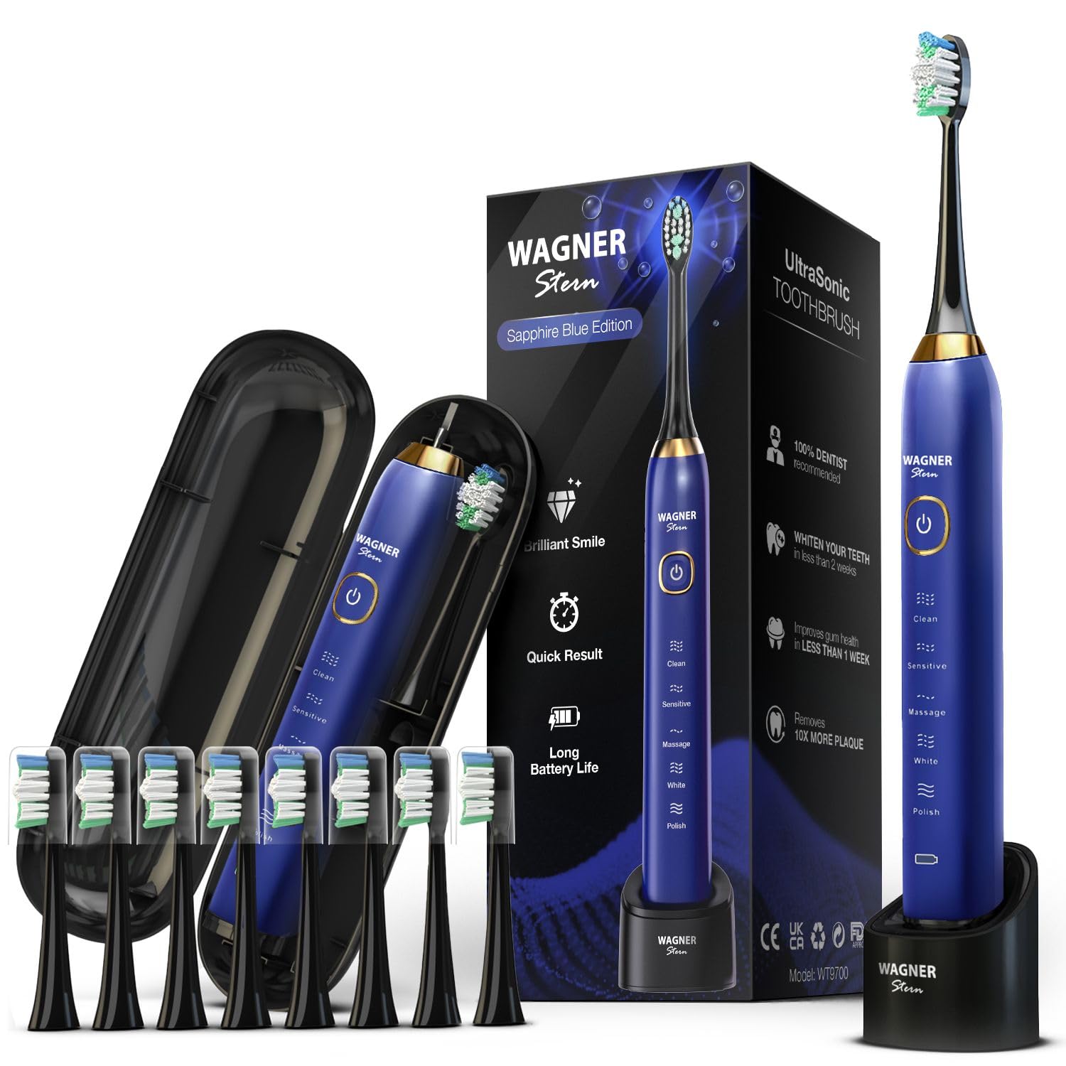 Wagner Stern The Sapphire Blue Edition ultrasonic whitening Electric Toothbrush Features Five Brushing Modes, Eight Soft Brush Heads, and a Premium