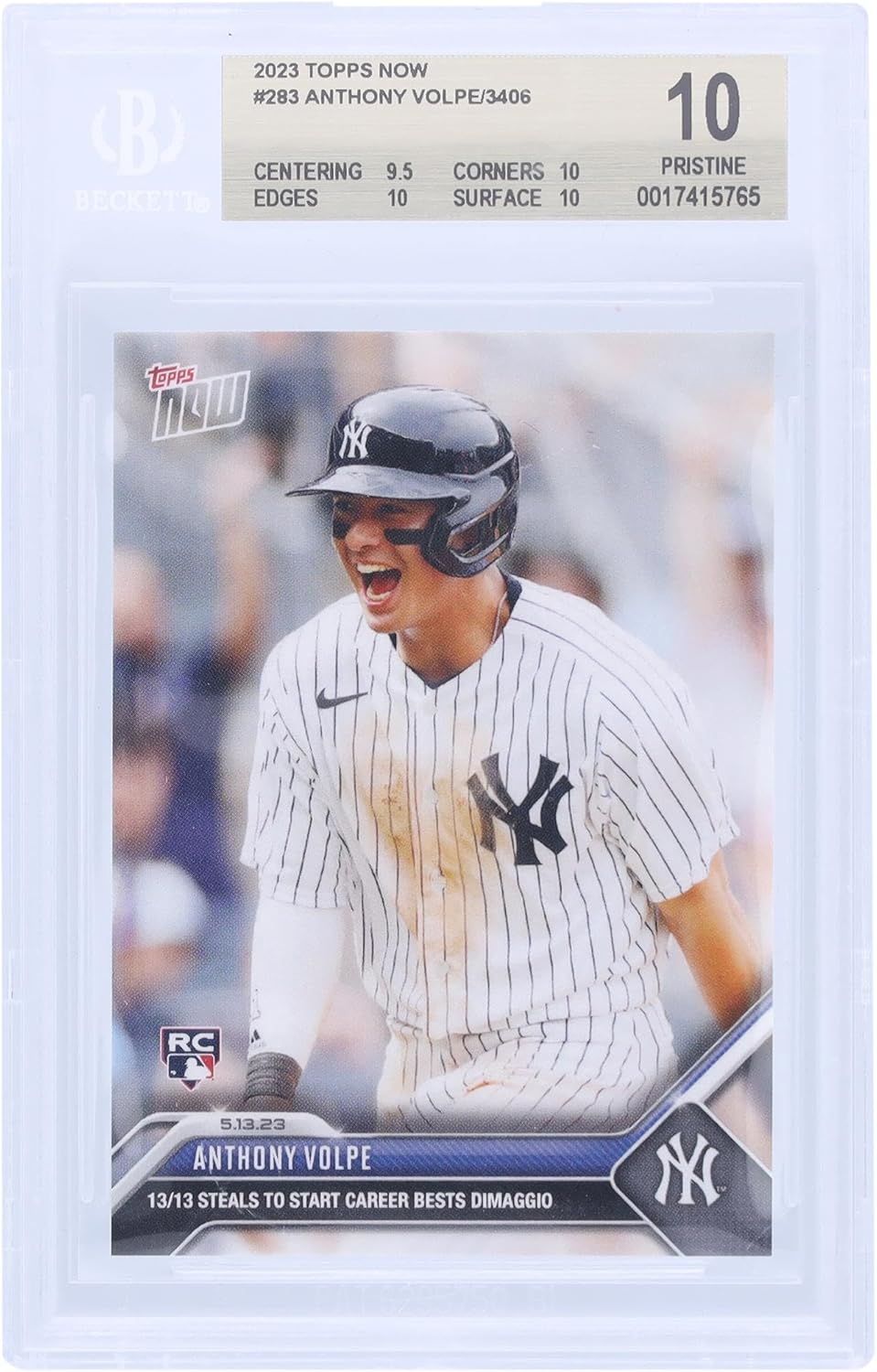Anthony Volpe New York Yankees 2023 Topps Now 13/13 Steals To Start Career Bests DiMaggio #283 BGS Authenticated 10 Rookie Card - 9.5,10,10,10 Subgrades - Baseball Slabbed Rookie Cards