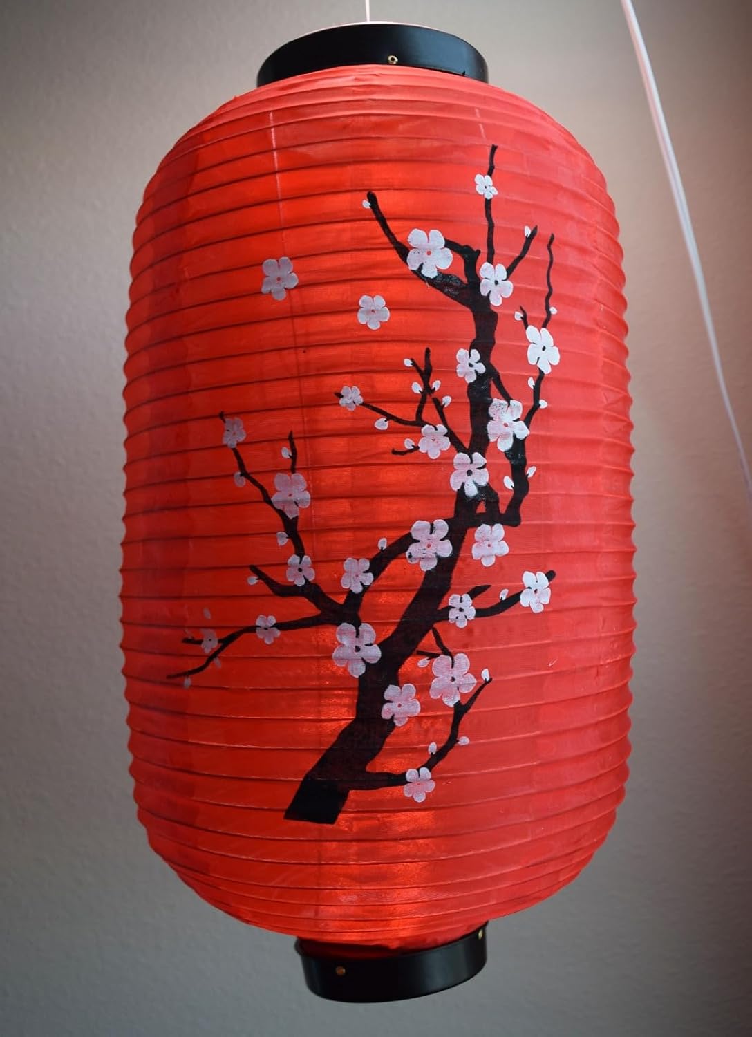 Japanese Style Nylon Lantern with Plum Tree Blossoms, Red (10"W x 16.5"H)