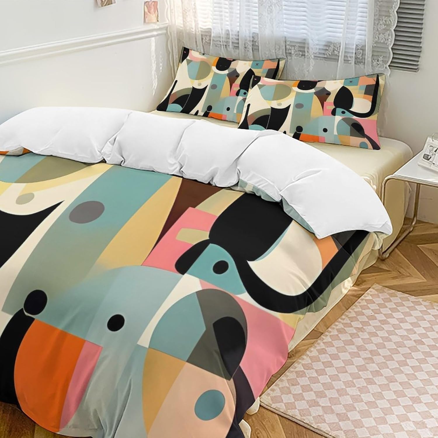 Mid-Century Modern Art Cat Duvet Cover Set 102"x90" - 3 Piece Bedding Set for All Season (1 Quilt Cover & 2 Pillow Shams) Soft Double Brushed Comforter Cover, Zipper Closure, No Comforter