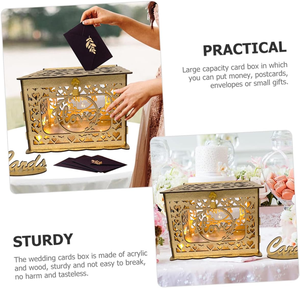 Hollow Wooden Card Box with Glitter for Wedding Reception, Square Wood Card Holder and Greeting Envelope Storage, Decorative Birthday and Valentine’s Day Collecting Box