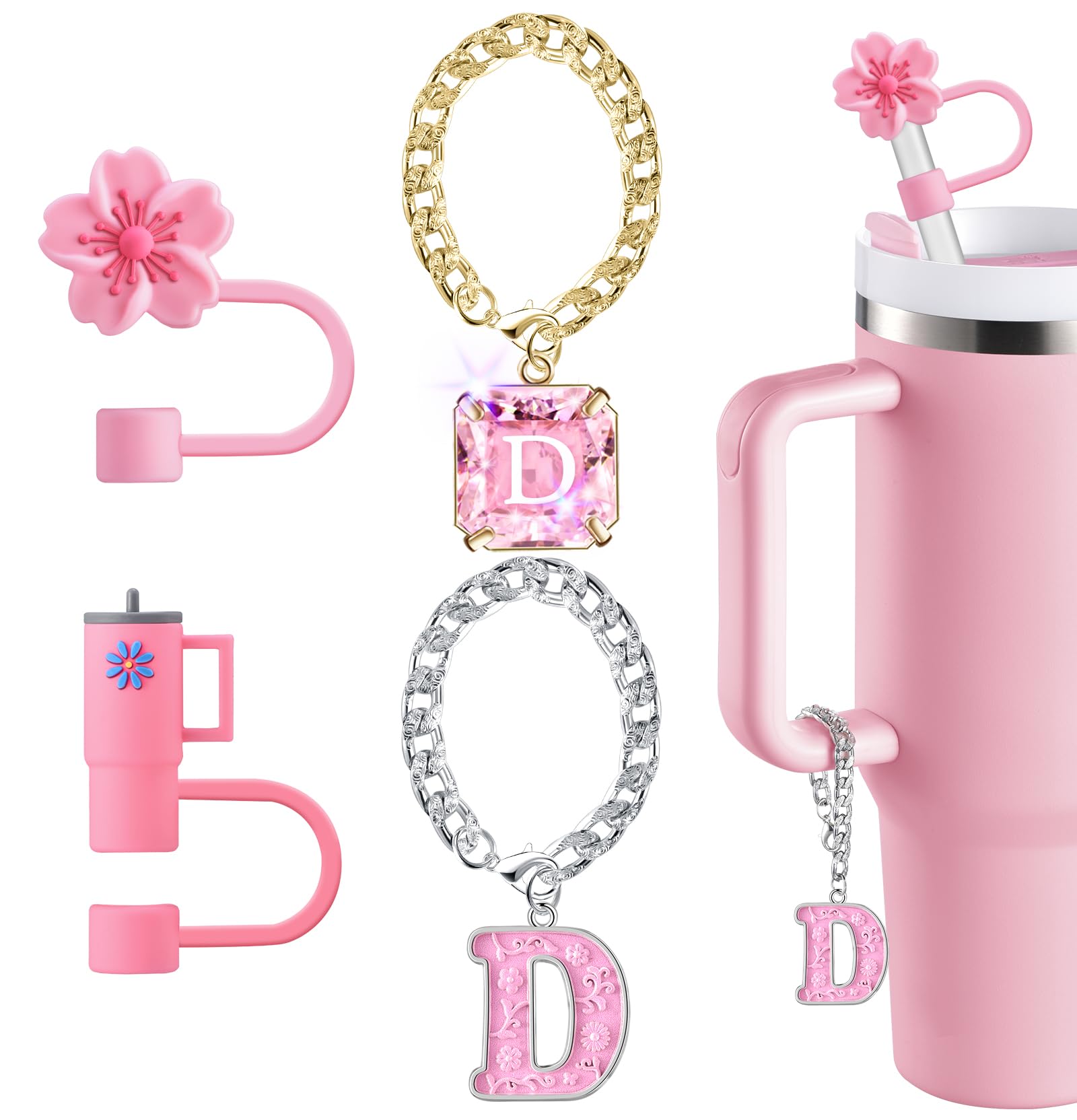 Straw Cover for Stanley Cup Accessories - Unique Crystal Letter Charms for Stanley Cups, Cute Cup & Flower Silicone Straws Topper Covers for 30 & 40 0z Tumbler with Handle, 10mm 0.4in Straw Cap