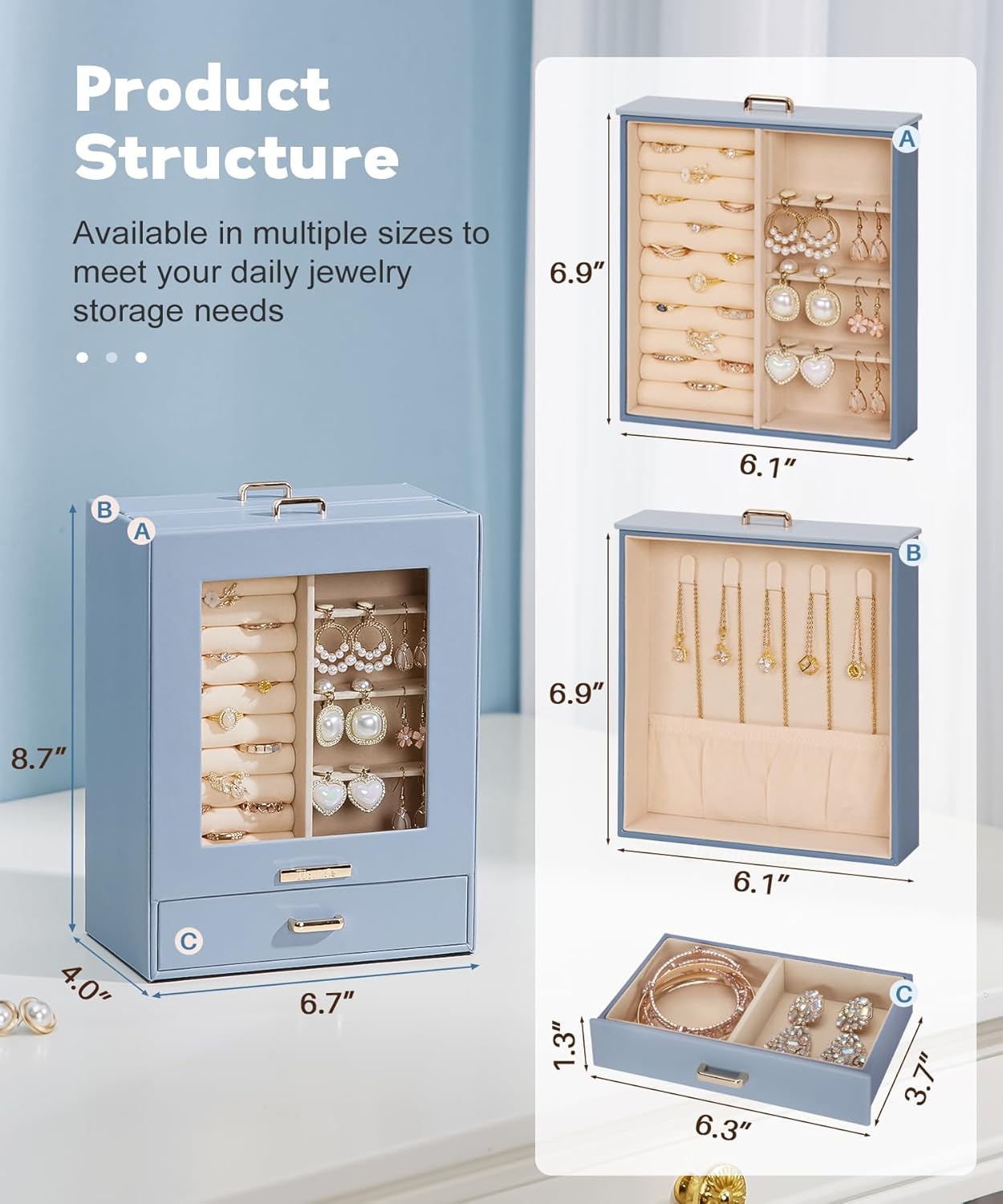 Homde Jewelry Organizer Girls Women Jewelry Box for Necklaces Rings Earrings Gift Bracelets Storage Case (Grey Blue + Gold)