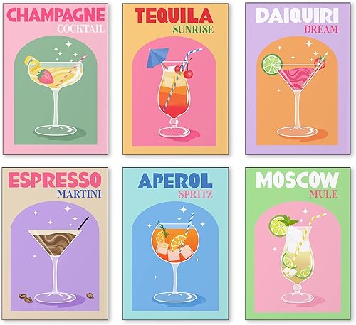 Miniatura 1 de XINTANG Póster retro de cóctel en lienzo para pared, divertido alcohol, estampado de copa de vino, bonitos pósteres de preppy, decoración de pared