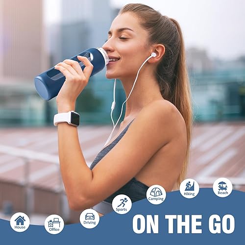 Miniatura 6 de Botella de agua de vidrio de 24 onzas, vaso de vidrio con popote, botellas reutilizables con 2 tapas con tapa con asa y tapa de popote de bambú,