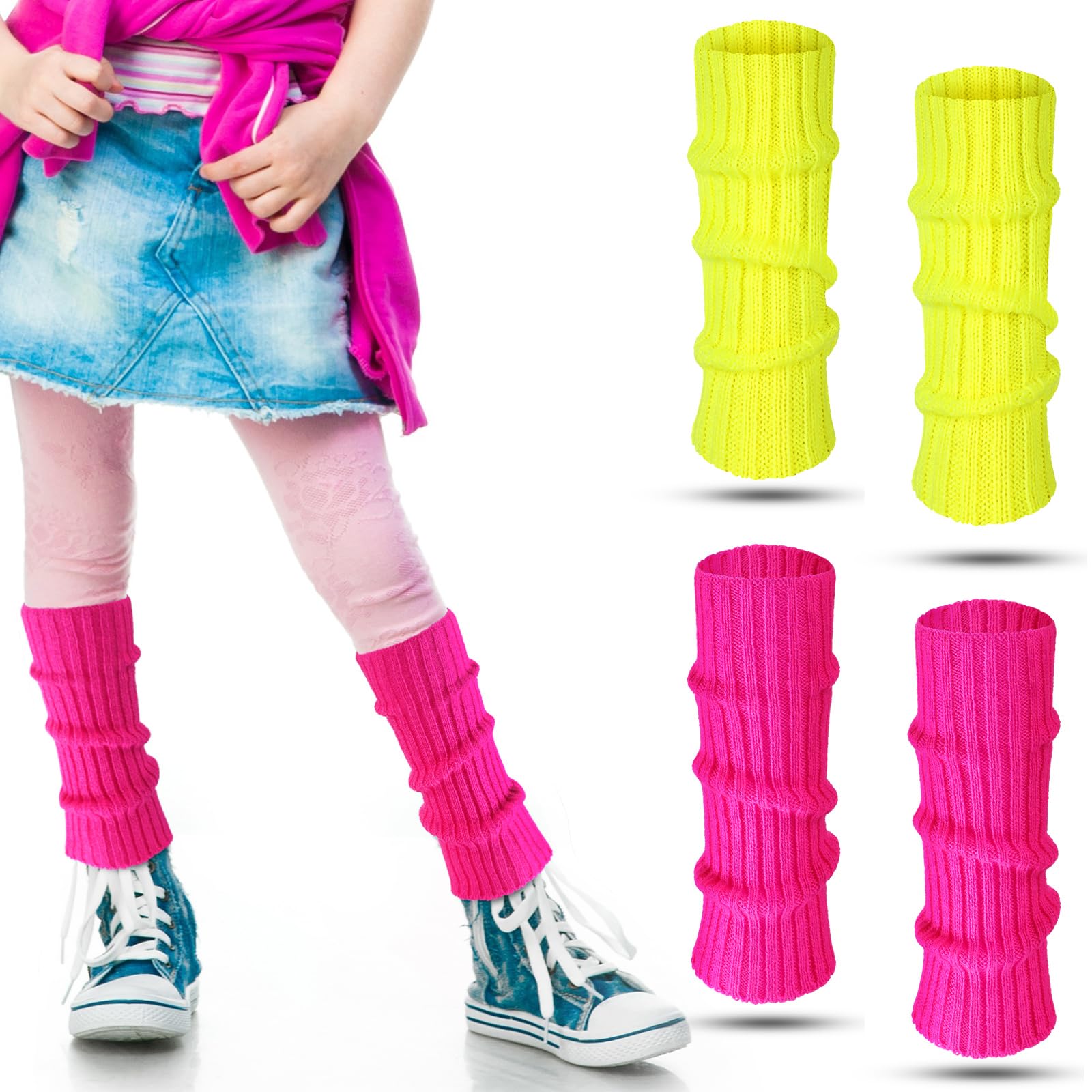 Photo 1 of Loopeer 2 Pairs 80s Neon Leg Warmers for Girls Toddler Knit Ribbed Leg Socks for 1980s Party Cosplay Costume Accessory(11.02 x 2.76 In,Fluorescent Yellow, Rose Red)