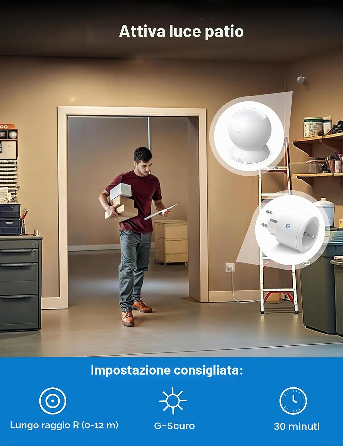 Woman in a bathroom, a fan controlled by the motion sensor and smart plug. Recommended settings are shown.