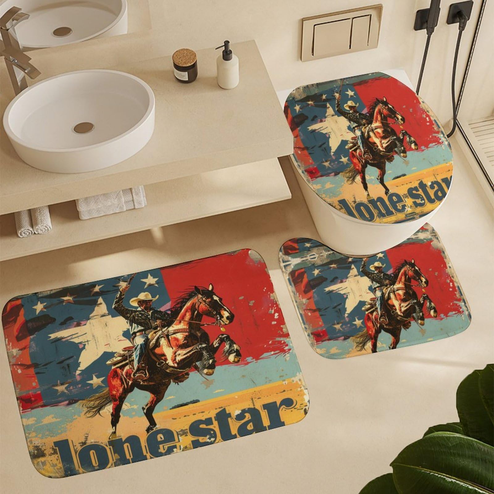 Ensemble de 4 Rideaux de Douche imperméables Vintage Wild West Cowboy, Drapeau américain Rustique de Ferme Occidentale avec Tapis de Douche et Housse de Toilette imperméables