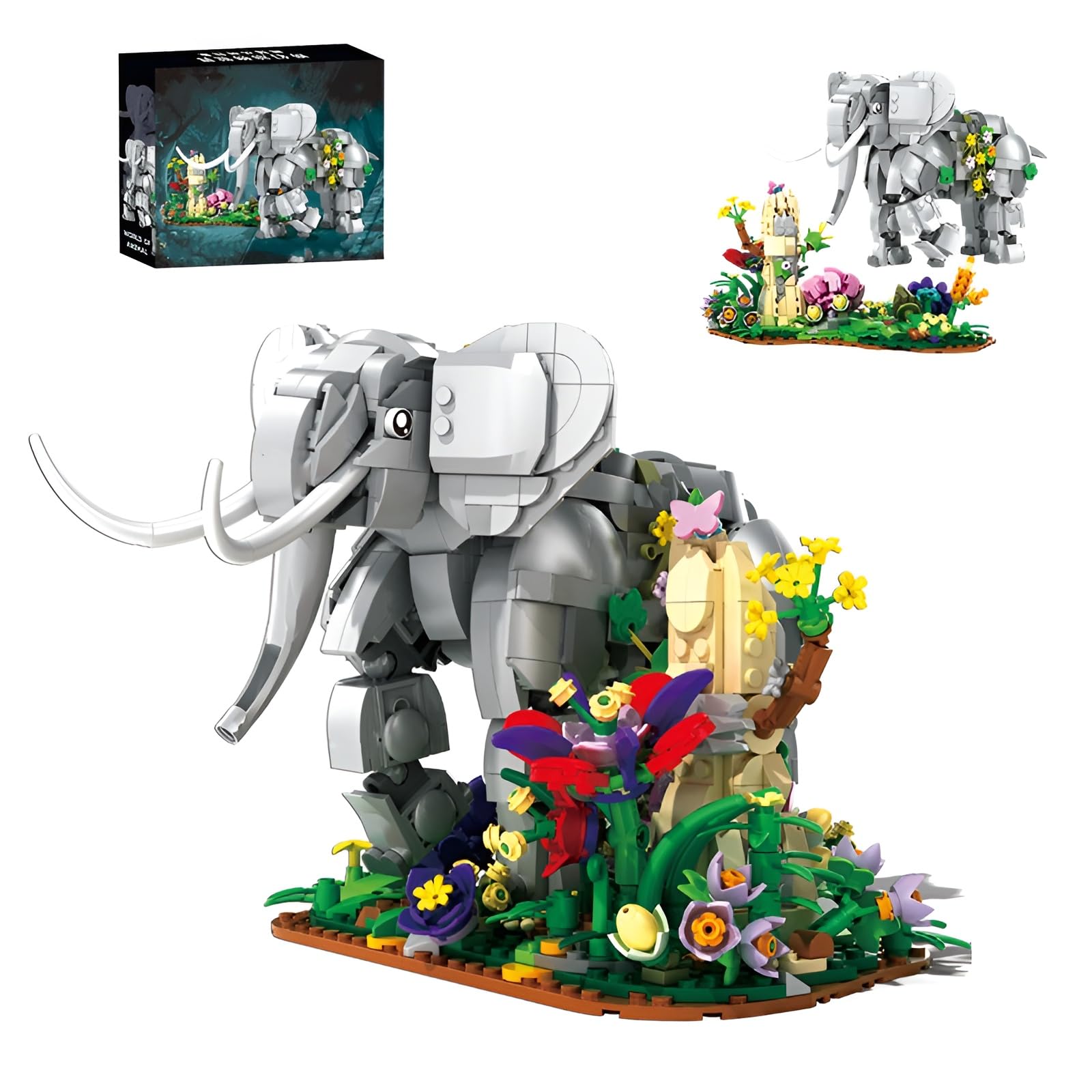 QuirkQuest Elefanten Bausteine Bausatz, 1306 Teile Dschungel-Schreibtisch-Dekoration, Tier Modell Klemmbausteinel, Weihnachten-Geburtstag Geschenke für Jugendliche Erwachsene 14+