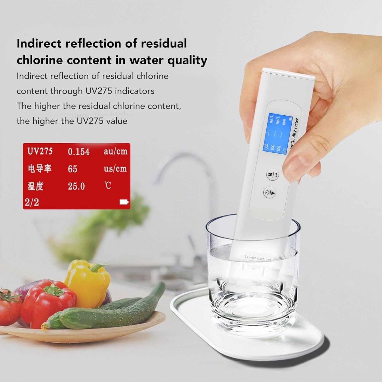 6 in 1 Water Quality Testing Meter, Tds Cod TOC Uv275 Ec Temp Meter, for Home, RV, Hiking, Camping, Travel, Well, Tap, Water Purifier