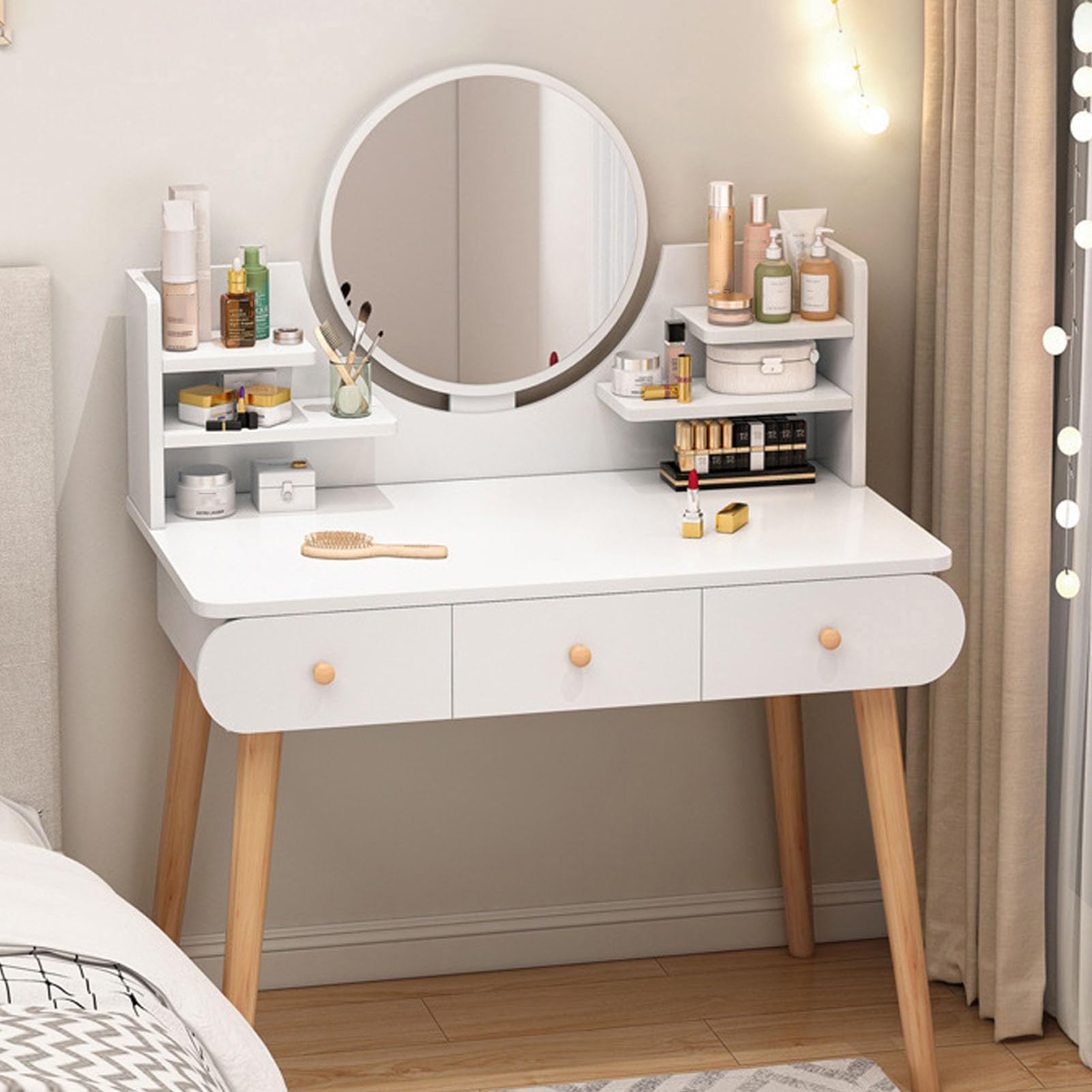 VAODO 100cm Makeup Vanity Table, Dressing Table with 3 Drawers and 6 Open Storage Racks, Bedroom White Vanity Desk with Round Lighted Mirror, for Women, Girls, Bedroom