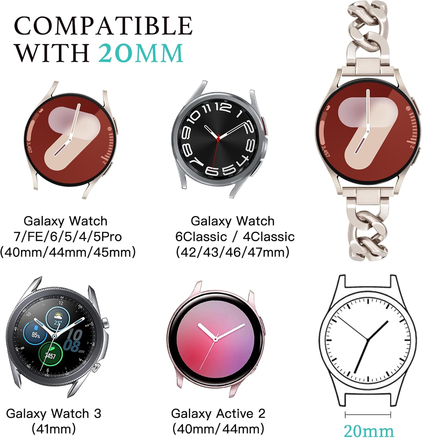 Galaxy Watch 7 6 5 4 FE Band 20mm Watch Band for Samsung Watch 4 5 6 7 FE Bands 40mm 44mm, Women Metal Band for Watch 6 4 Classic/5 Pro/3 41mm/Active 2-Cream - Image 3