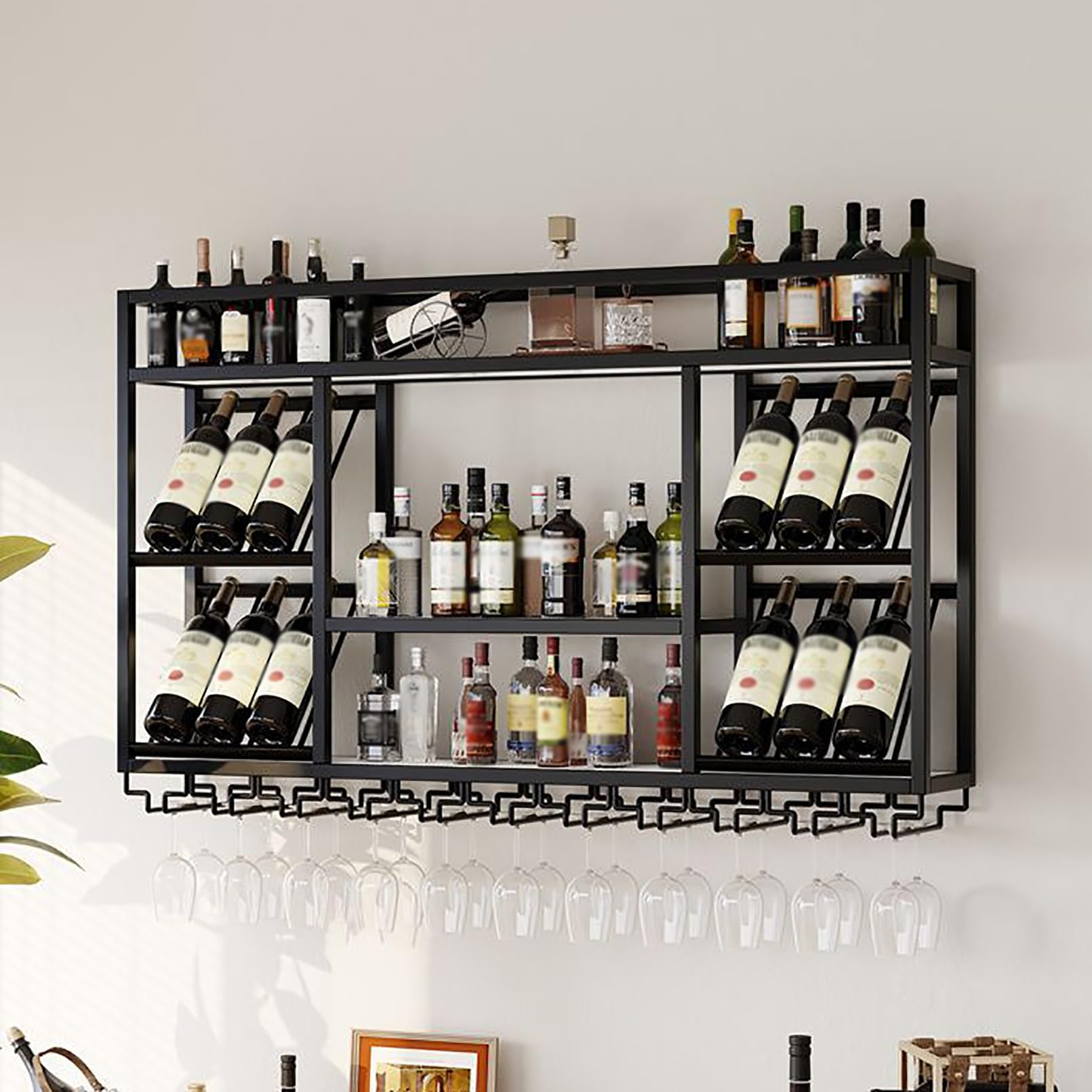 Estante de pared LED flotante para botellas de licor con soporte de vidrio, perfecto para bar, bodega de vino y decoración de cocina (negro, 140 x 25 x 70 cm)
