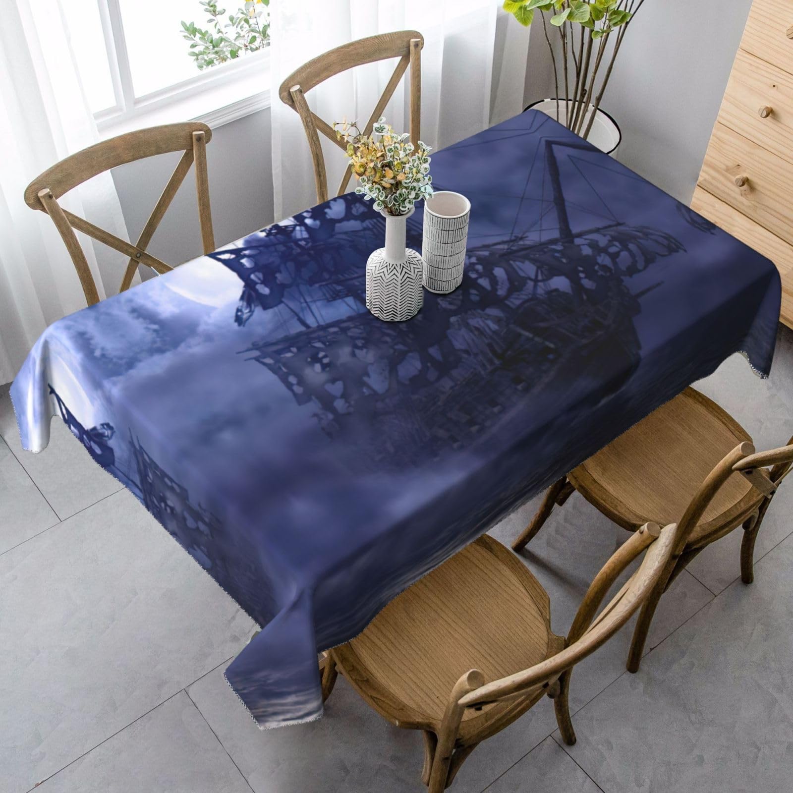 yagDAA Pirate Sailboat Full Moon Print Rectangle Tablecloth Table Cover Indoor Outdoor Dining Room Kitchen Table Cloth 140x90cm