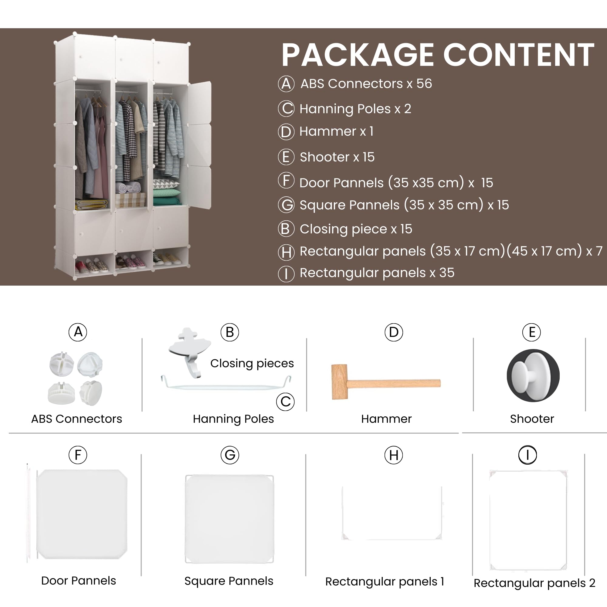 MAGIC SELECT Armario Modular. Estantería de Módulos. Organizador Modular de Ropa. Ropero para Hogar. Estante de Almacenamiento para Dormitorio, 18 Módulos, 2 Barras, 192x105 cm.