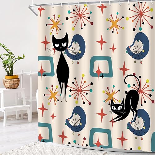 Mid Century Atomic Shower Curtain Vintage,Cute Cat 70" L x