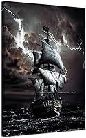 Vista 1 de lzvexcels Pintura impresa de barco pirata, póster retro de barco de vela negro e impresión de barco sobre lienzo oceánico para decoración de listo