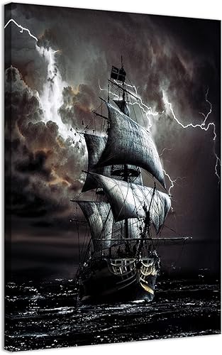 lzvexcels Pintura impresa de barco pirata, póster retro de barco de vela negro e impresión de barco sobre lienzo oceánico para decoración de listo