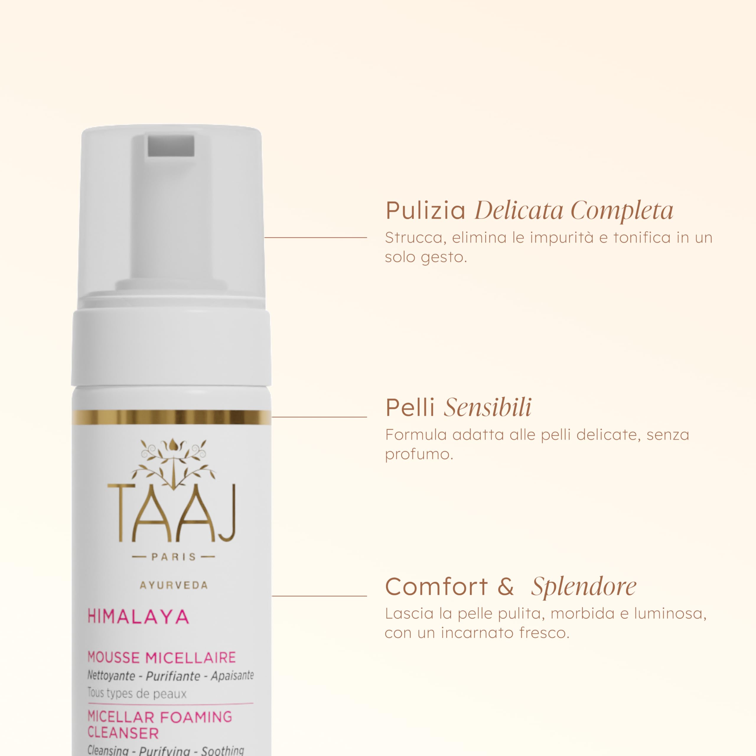 TAAJ | Schiuma Micellare HIMALAYA | Pulisce, Rimuove il trucco e rimuove le impurità | Pelle pulita, morbida e morbida | Proprietà lenitive | Tintura fresca e luminosa | Vegan & Cruelty Free |