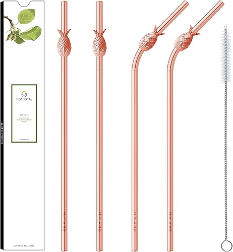 Homestia - Pajitas de metal rosa de 10.5 pulgadas, pajitas reutilizables de acero inoxidable con funda, pajitas largas para beber cócteles, batidos,