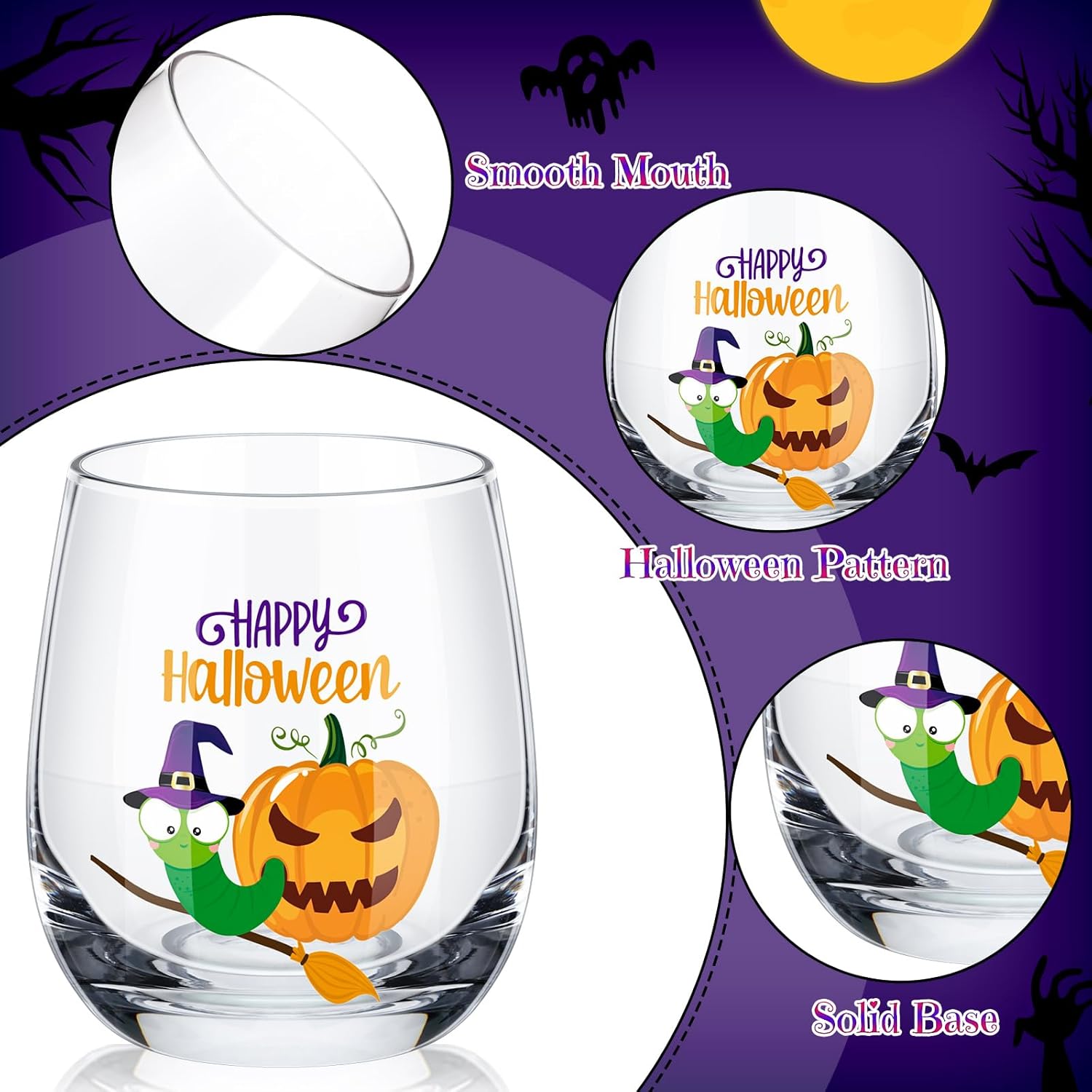 Zhehao 12 Pcs Halloween Wine Glass 12oz Witches Stemless Glass Spooky Happy Halloween Drinking Cups Party Gift for Party Event - Image 3