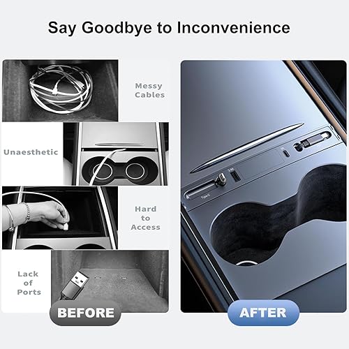 Miniatura 4 de Hub USB retráctil Tesla para consola central modelo Y modelo 3 2021-2023 con carga rápida y cables de carga integrados, accesorios Tesla Model 3 y