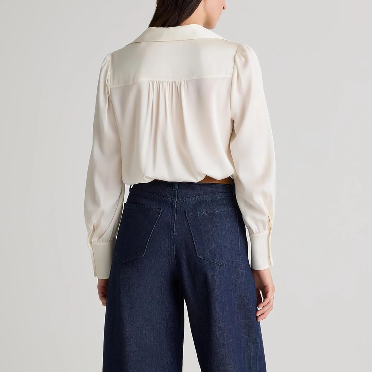 Womens Cream Dressy Casual Satin Blouse Split V Neck Long Sleeves Shirt Office Work Business Tops - Image 3