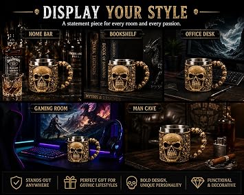 Gothic Skull Mug 400ml with Stainless Steel Inner – Premium Resin Tankard with 3D Skull Handle, Dark Fantasy Coffee Cup for Tea, Coffee, Hot & Cold Drinks, Gothic Home Bar & Desk Décor