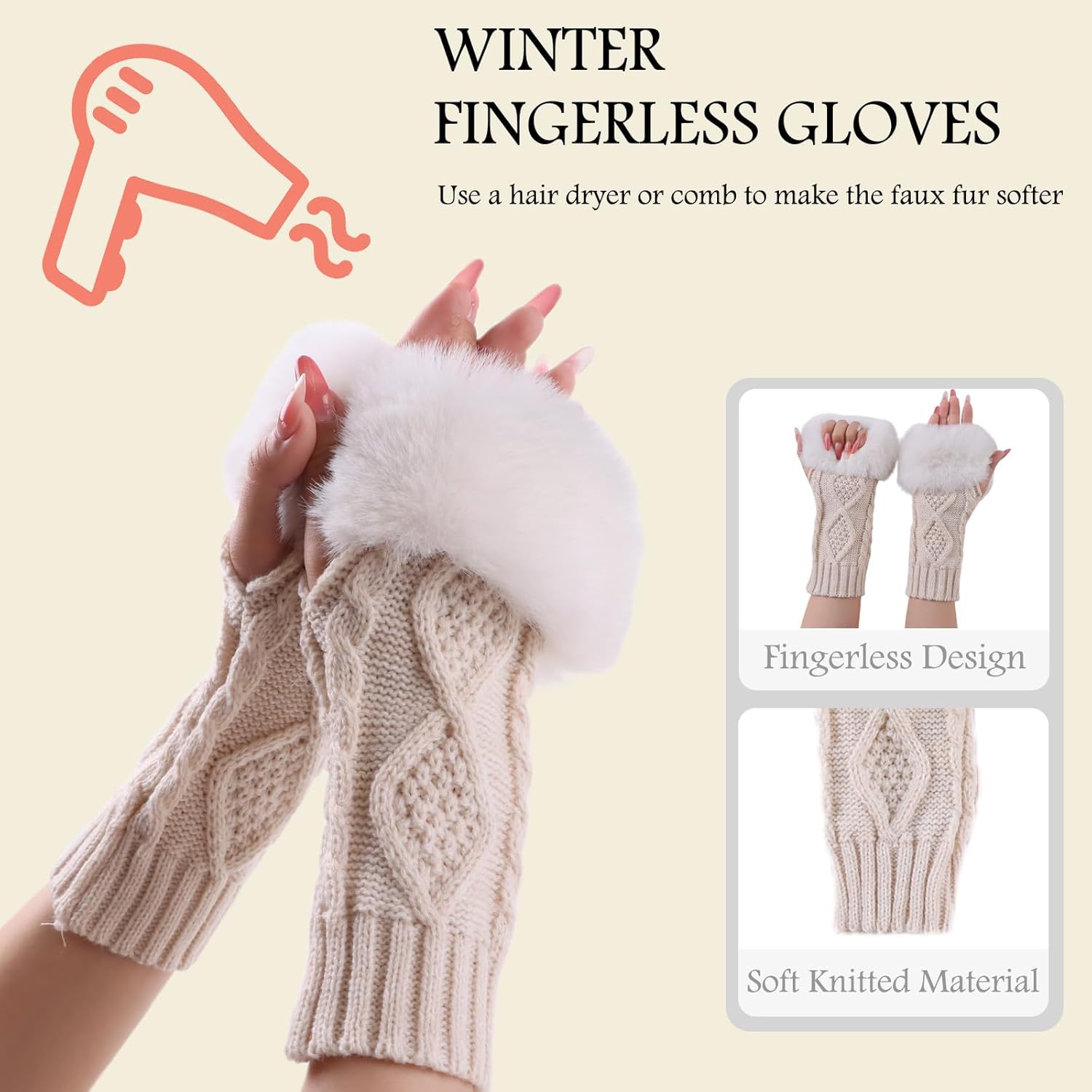PESAAT Knit Arm Warmers Faux Fur Fingerless Gloves for Women Winter Wrist Warmers with Thumb Hole - Image 3