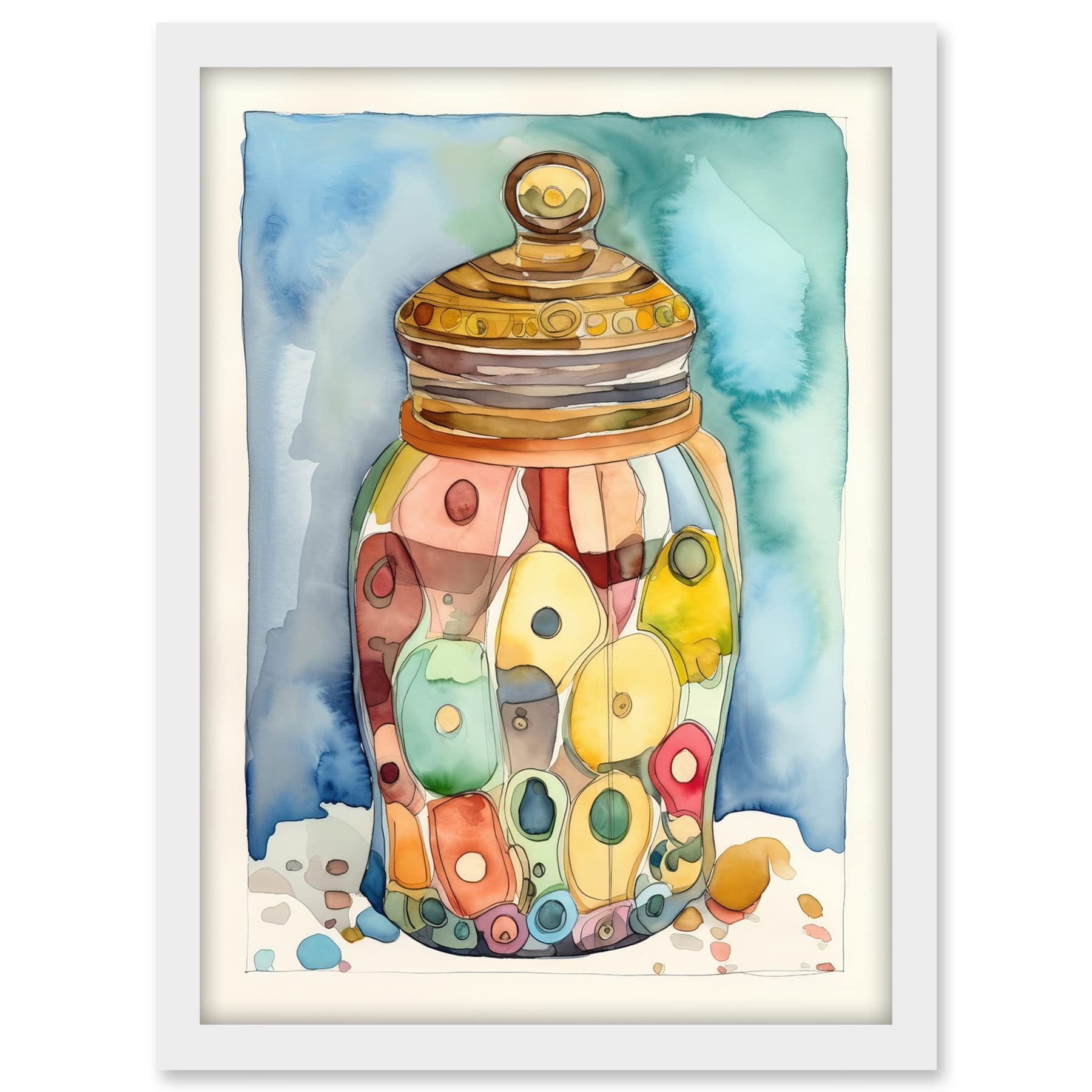 Artery8 Glass Cookie Jar With Sweets Folk Art Watercolour Painting Artwork Framed A3 Wall Art Print